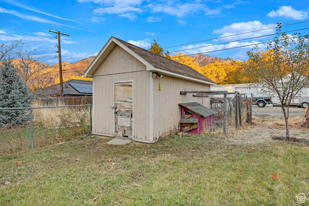 View of shed featuring a mountain view