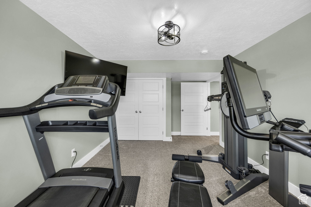 Workout area featuring a textured ceiling and carpet flooring