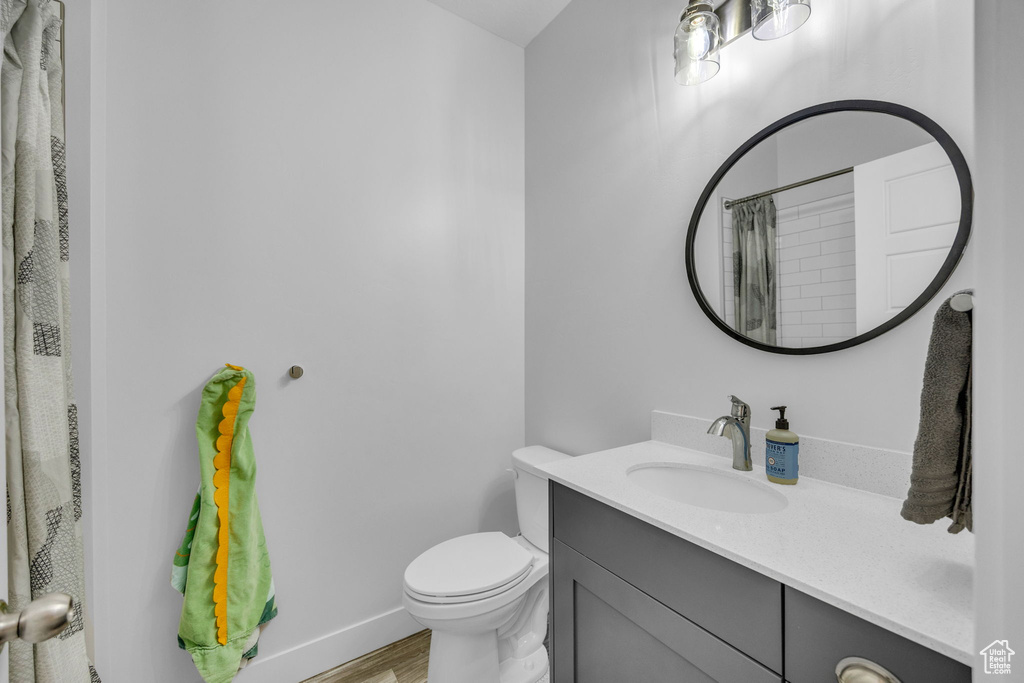 Bathroom with vanity, wood finished floors, and a shower with curtain