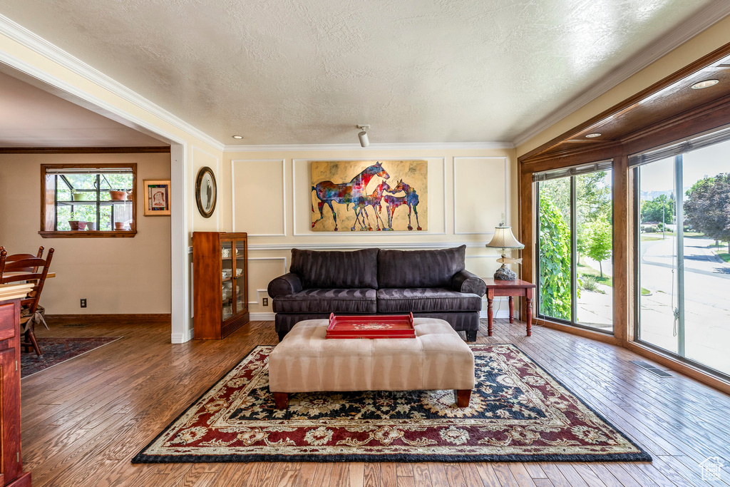 Living room with a textured ceiling, crown molding, a decorative wall, and hardwood / wood-style floors