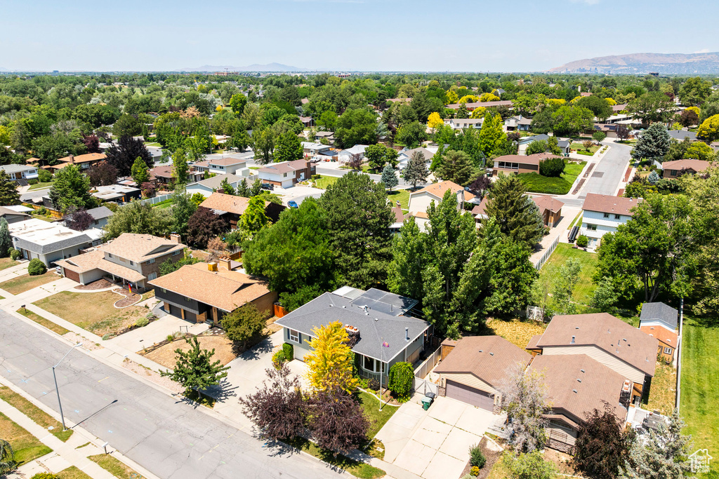Aerial perspective of suburban area featuring mountains