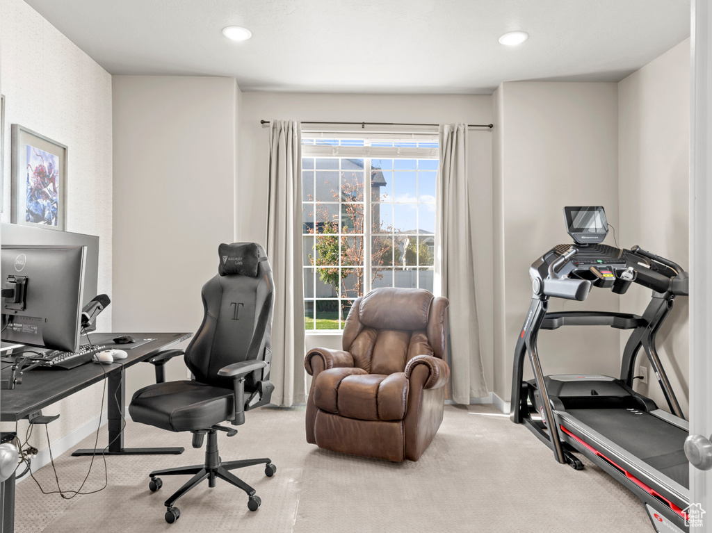Home office featuring carpet flooring and recessed lighting