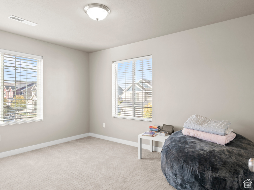 Bedroom featuring baseboards and light carpet