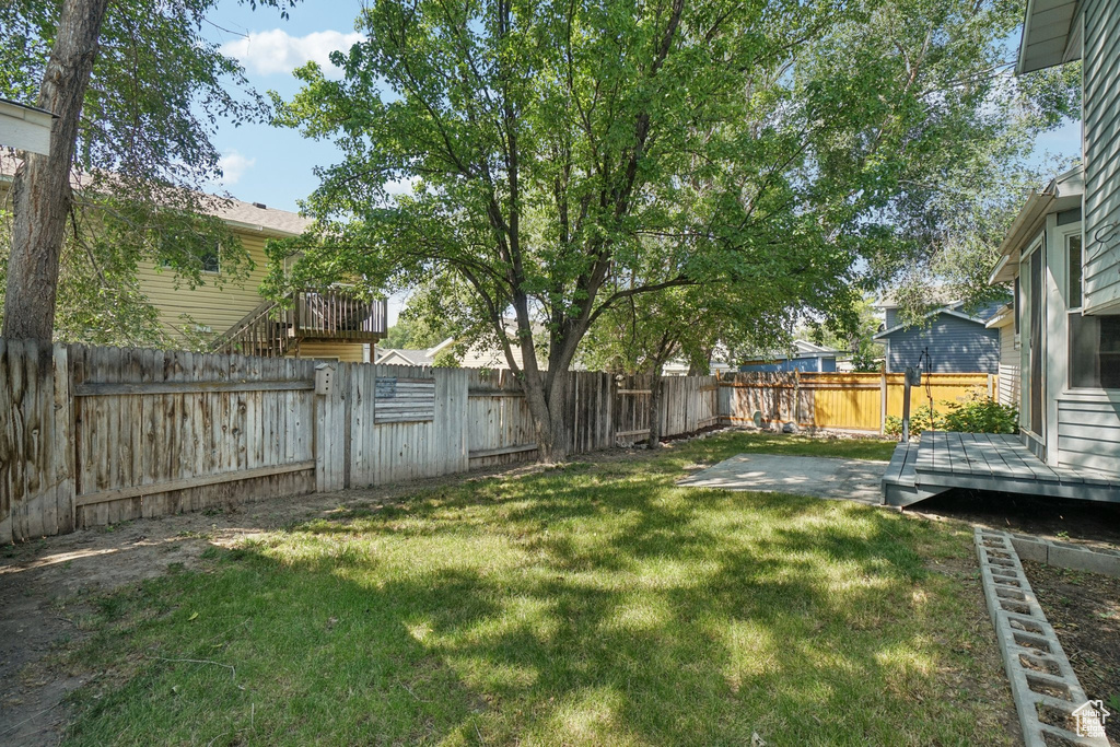 Fenced backyard with a wooden deck