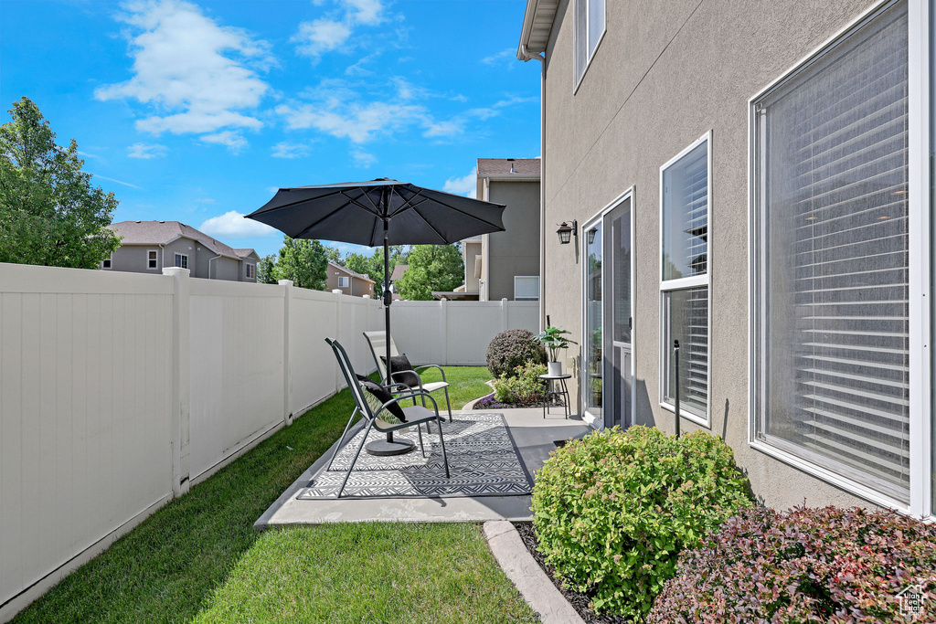 Fenced backyard with a patio