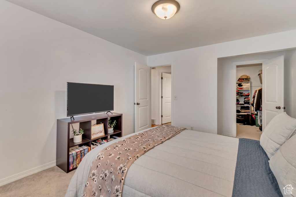 Bedroom with carpet floors and a spacious closet