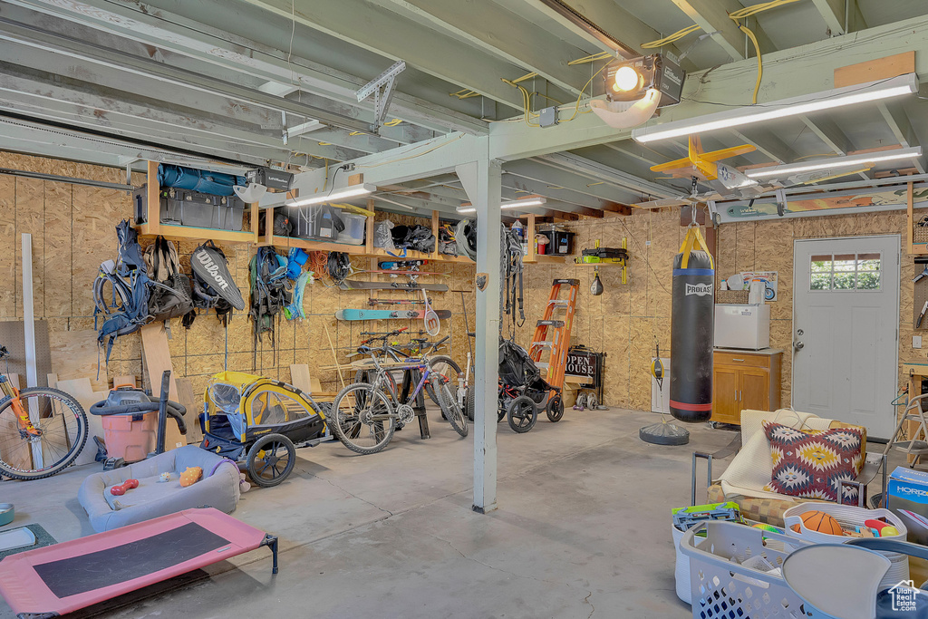 Garage with a workshop area