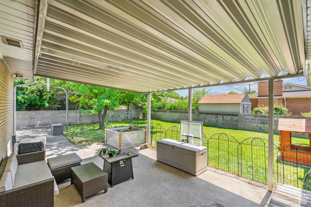 Fenced backyard featuring a patio