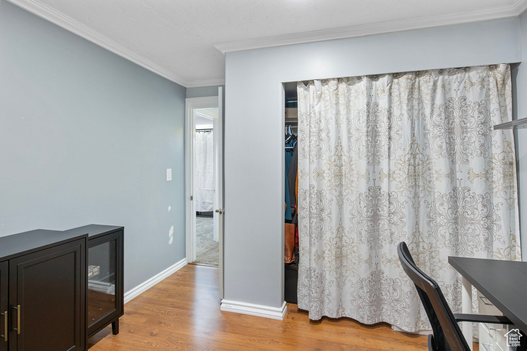 Office featuring light wood finished floors and crown molding