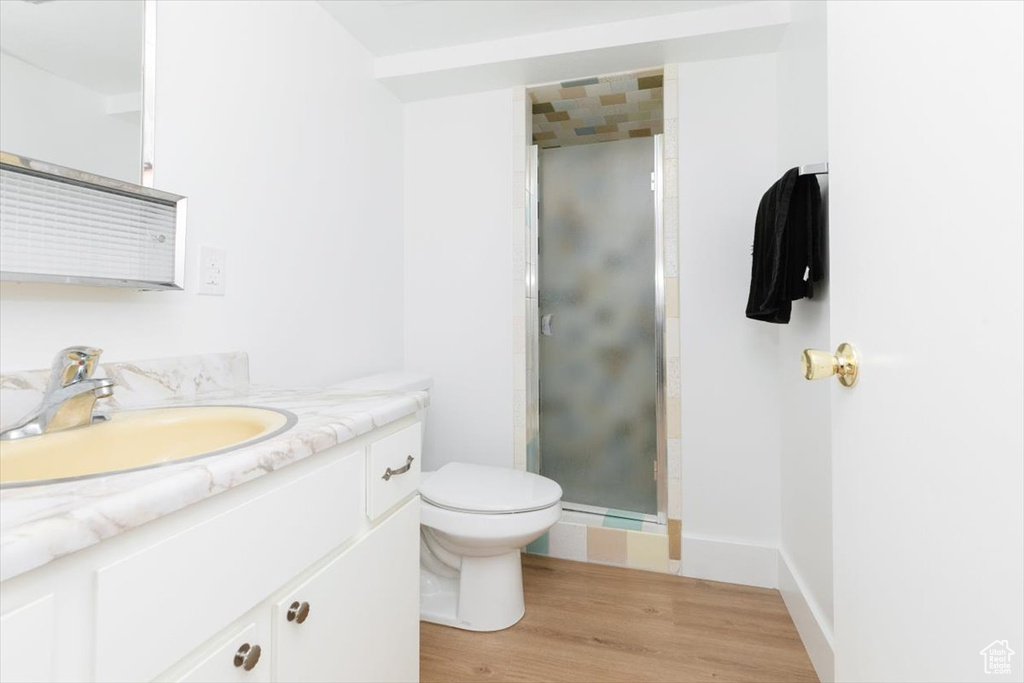 Full bath featuring vanity, a stall shower, and wood finished floors