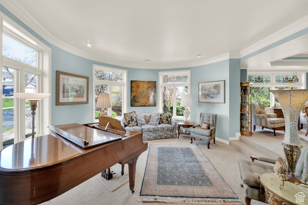 Office with healthy amount of natural light, ornamental molding, and recessed lighting
