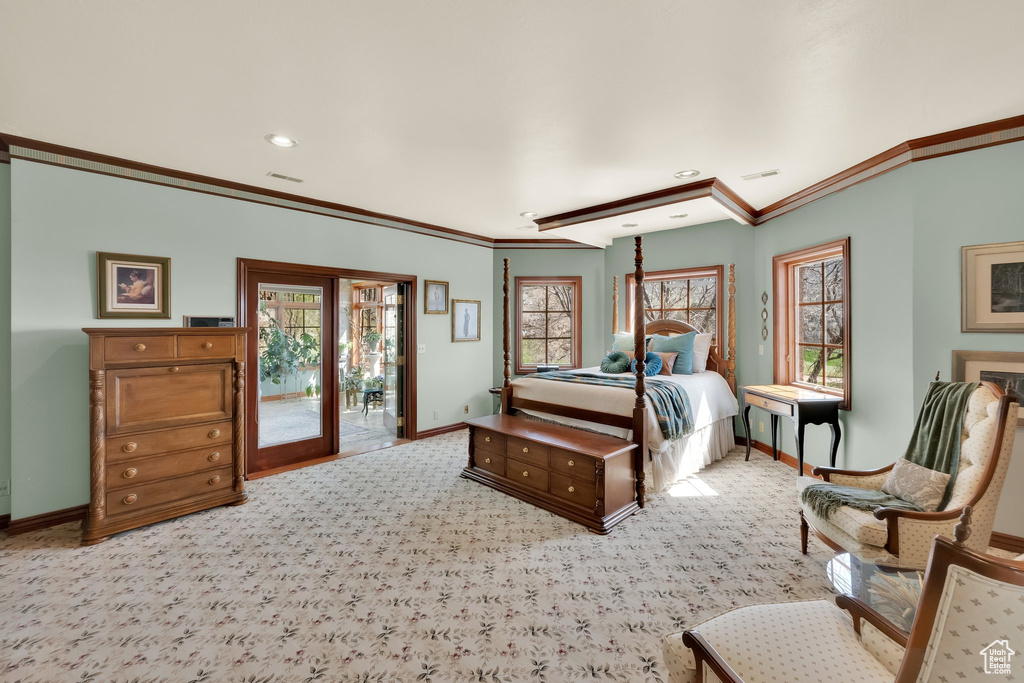 Bedroom with access to exterior, carpet, ornamental molding, and recessed lighting