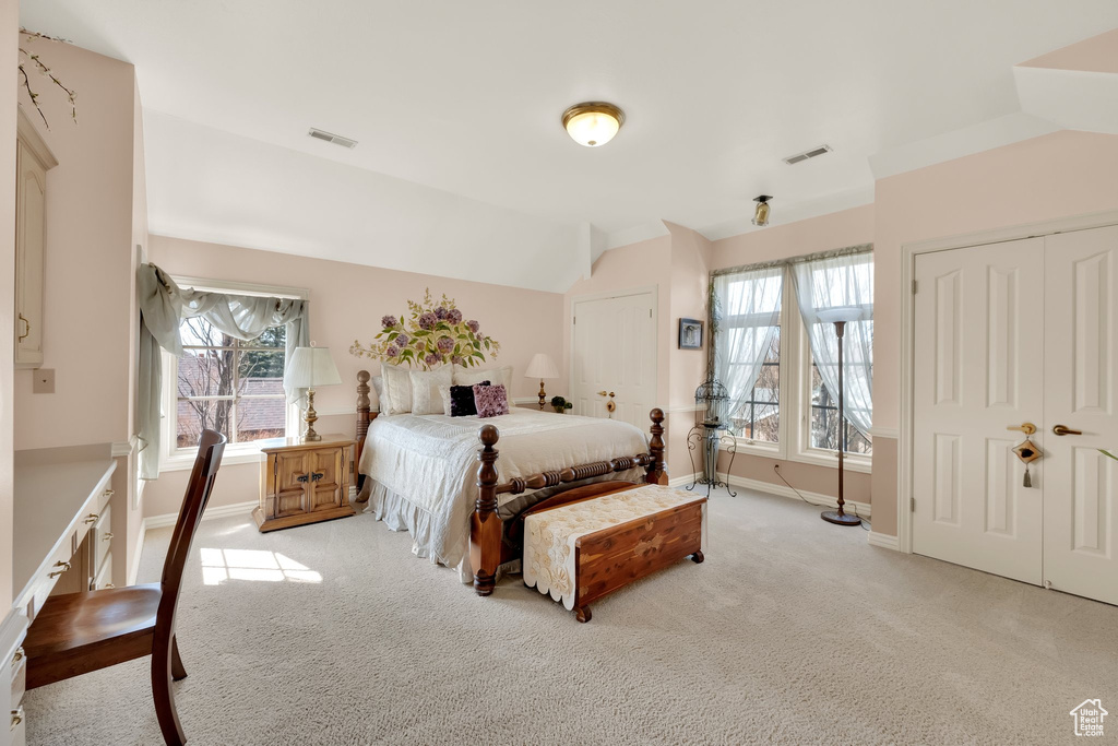 Carpeted bedroom featuring baseboards and lofted ceiling