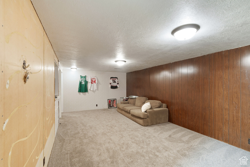 Carpeted living room featuring a textured ceiling and wooden walls