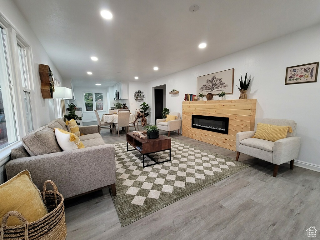 Living area with wood finished floors, recessed lighting, and a glass covered fireplace