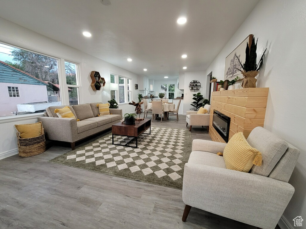 Living room with wood finished floors and recessed lighting