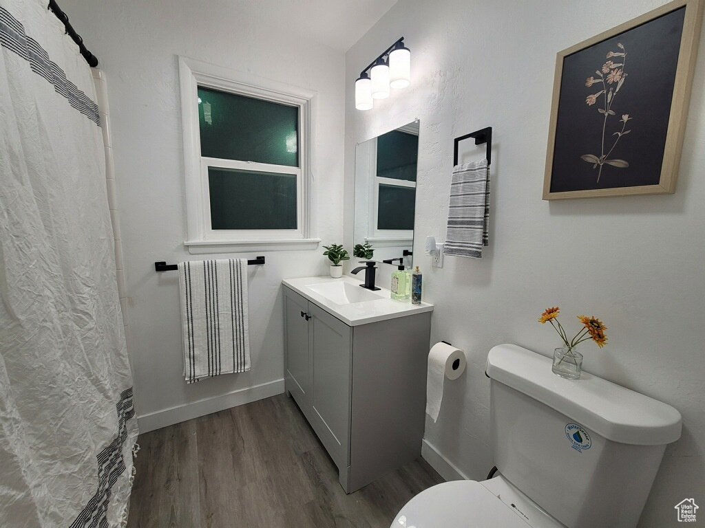 Full bath featuring radiator, wood finished floors, vanity, and curtained shower
