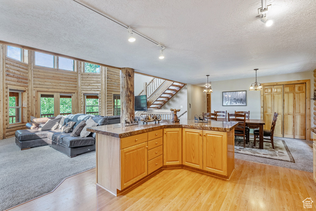 Kitchen with rail lighting, light wood-type flooring, a textured ceiling, open floor plan, and log walls