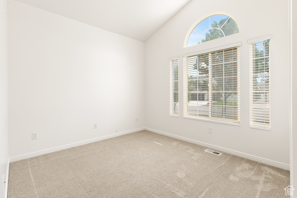 Carpeted empty room with baseboards and high vaulted ceiling