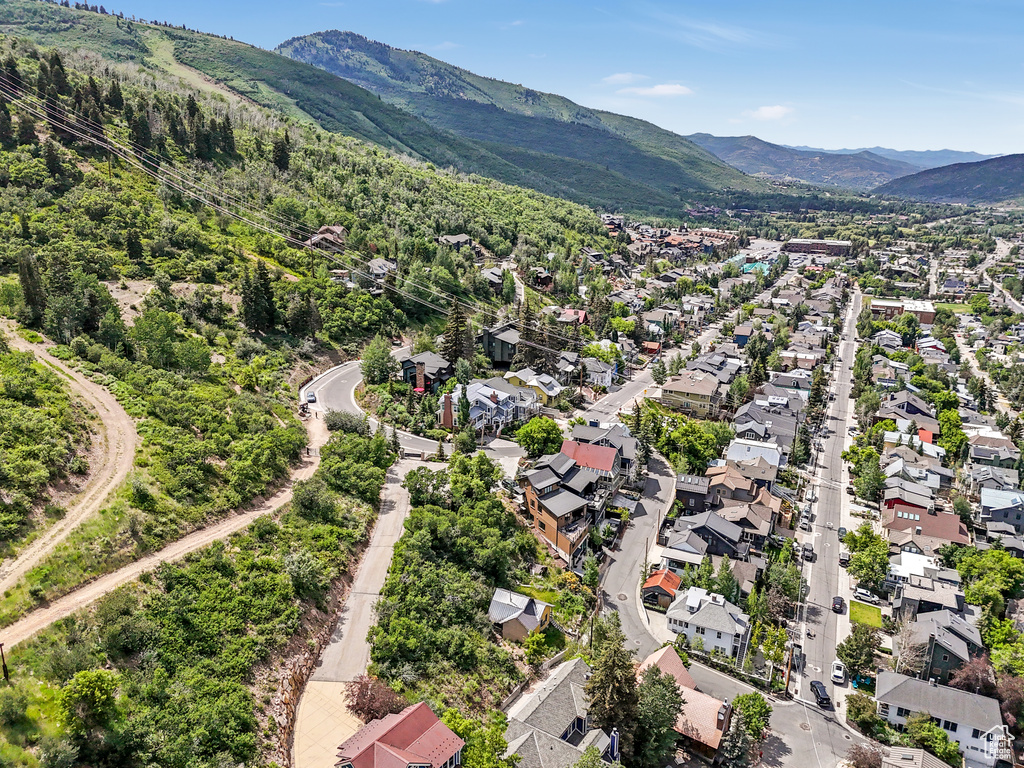 Aerial view of residential area with a mountain backdrop