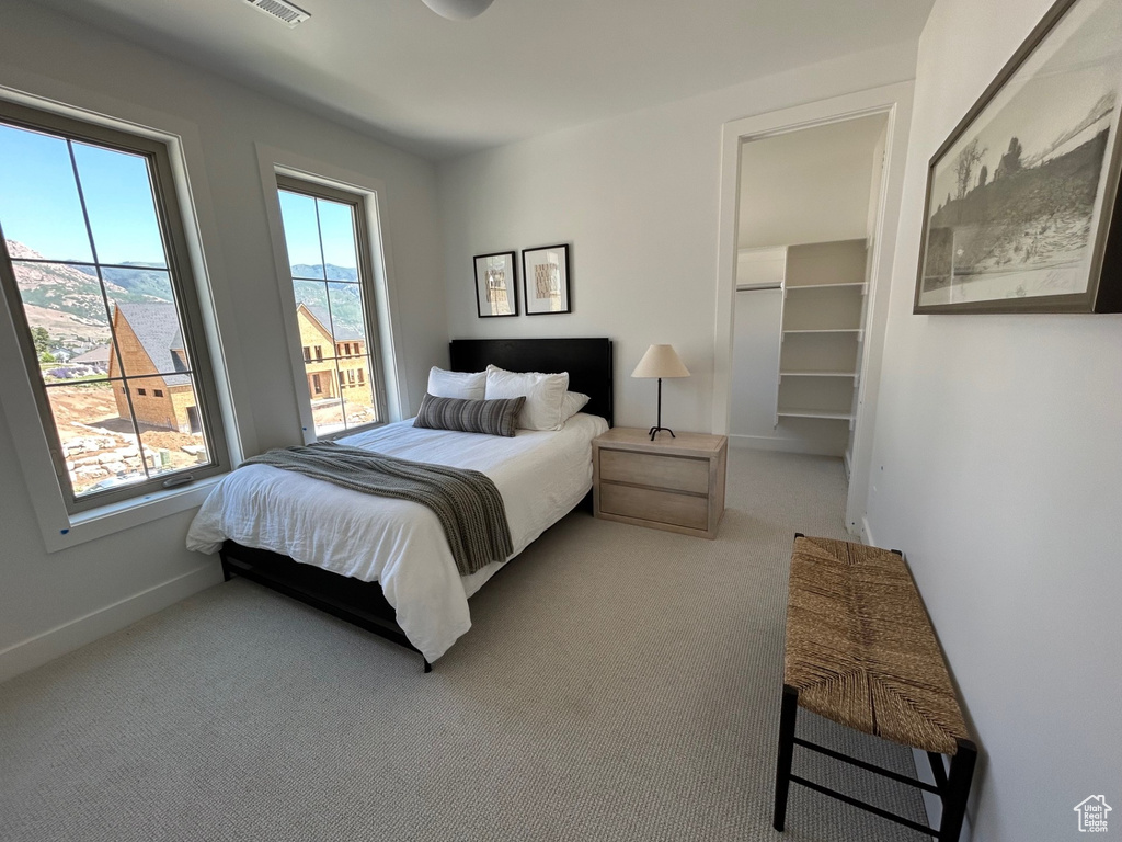 Carpeted bedroom with baseboards and a walk in closet