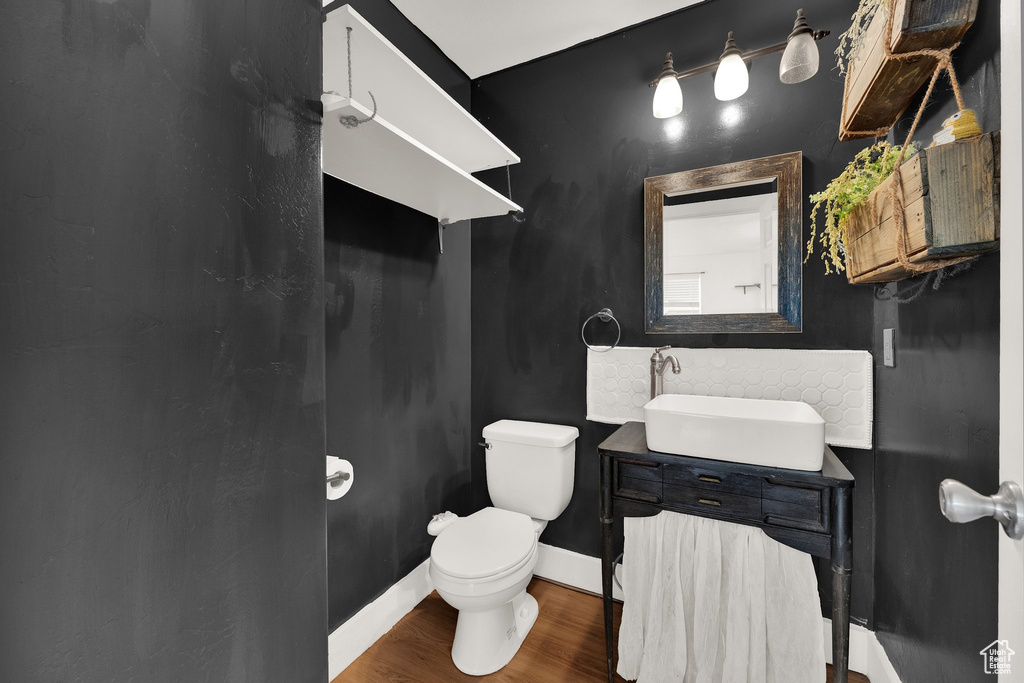Bathroom with wood finished floors and vanity