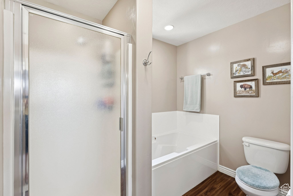 Bathroom with wood finished floors, a garden tub, and a shower stall