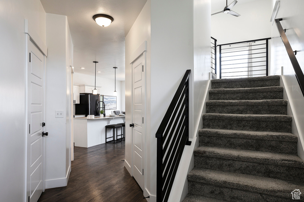 Stairs with wood finished floors and baseboards
