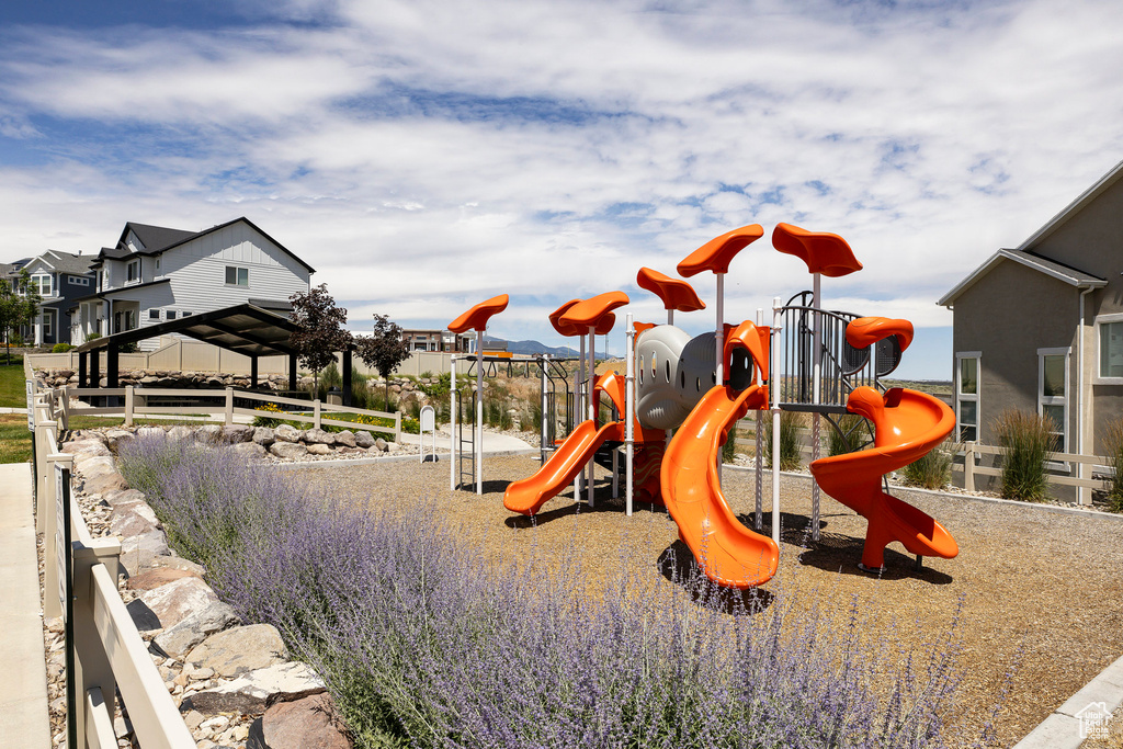 Communal playground featuring a residential view