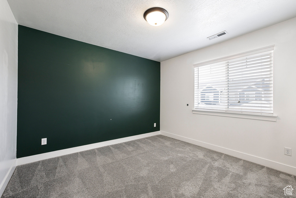 Spare room featuring carpet and a textured ceiling