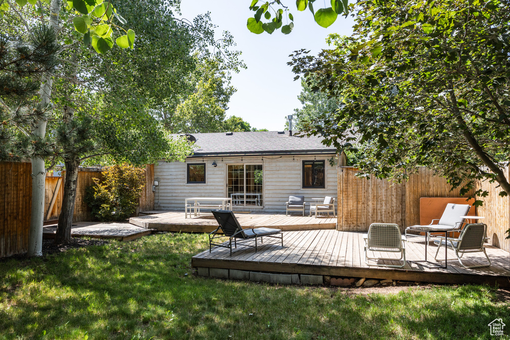 Rear view of property featuring a fenced backyard and a deck