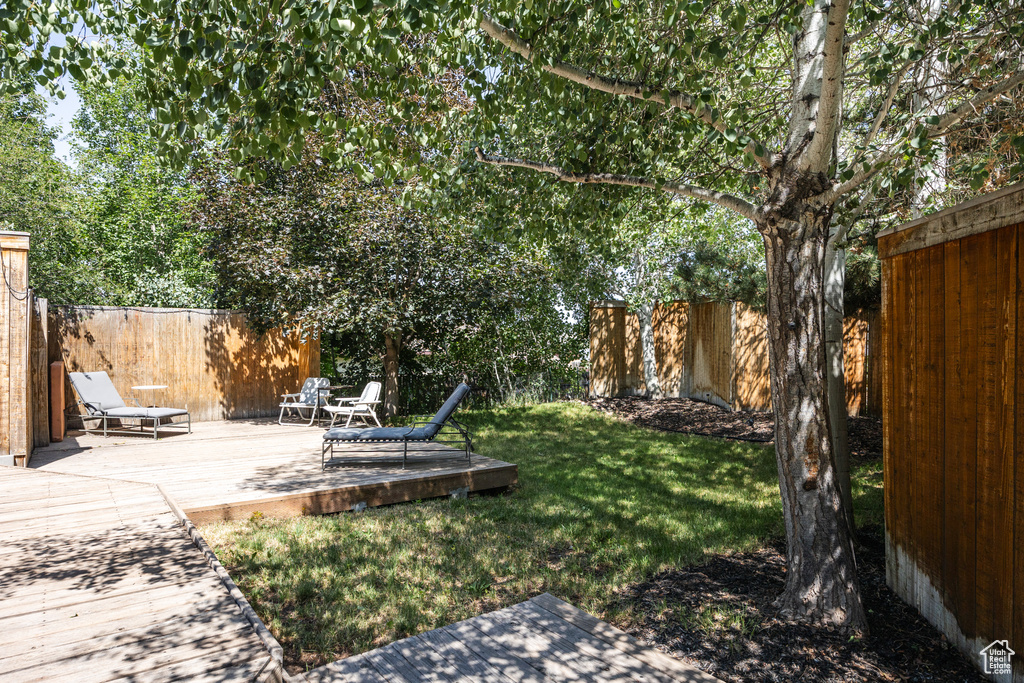 Fenced backyard with a wooden deck