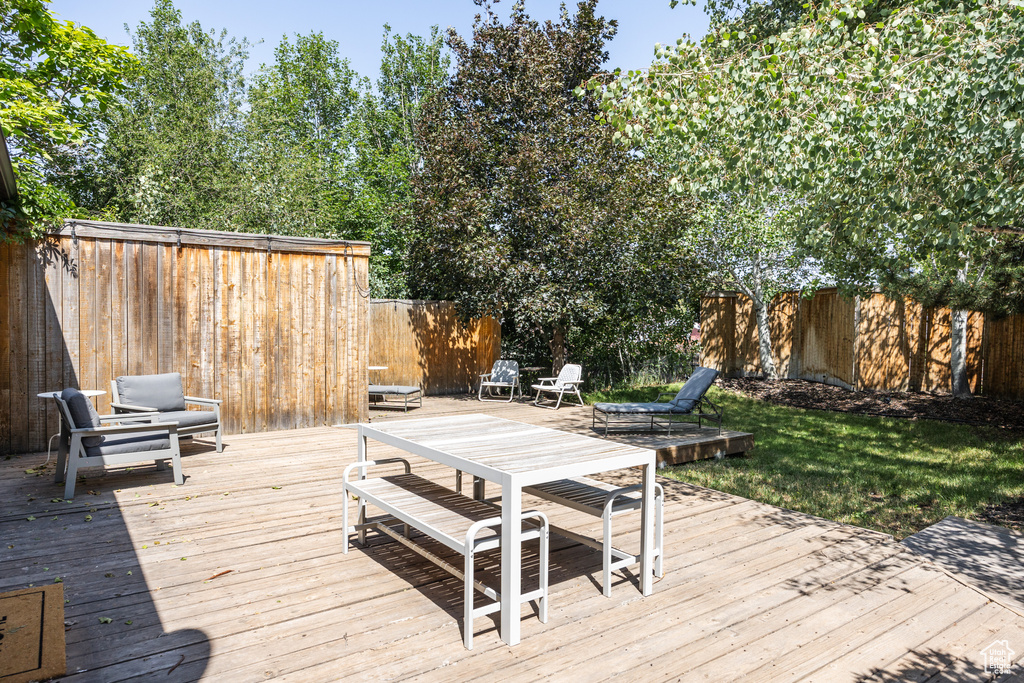 Wooden deck featuring a fenced backyard
