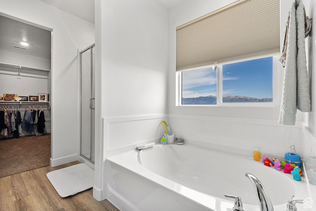 Bathroom with a bath, a shower stall, a walk in closet, and wood finished floors