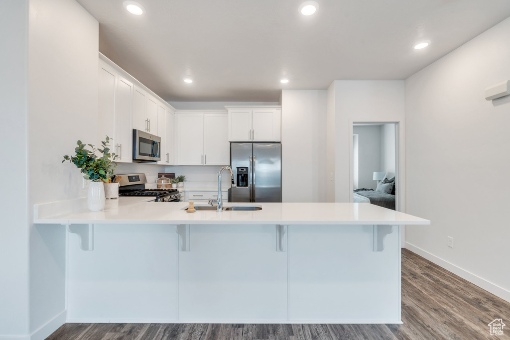Kitchen featuring appliances with stainless steel finishes, a peninsula, light countertops, a breakfast bar, and recessed lighting
