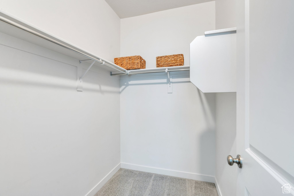Walk in closet with light colored carpet