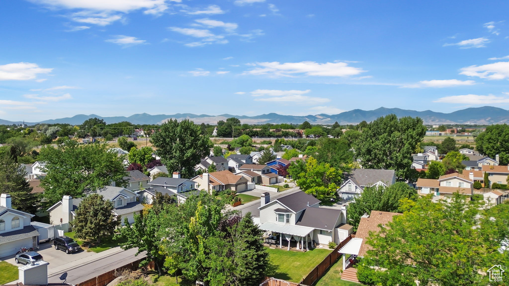 Aerial perspective of suburban area with mountains