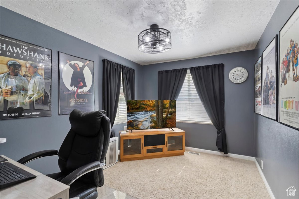 Home office featuring a textured ceiling and carpet flooring