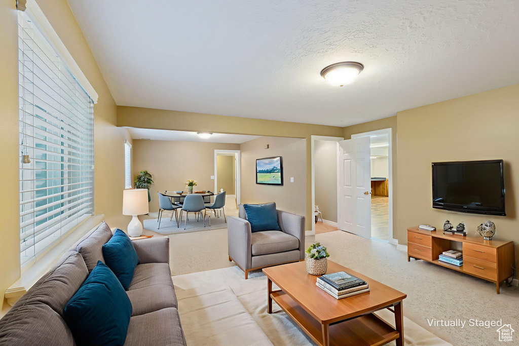 Living room featuring light carpet and a textured ceiling