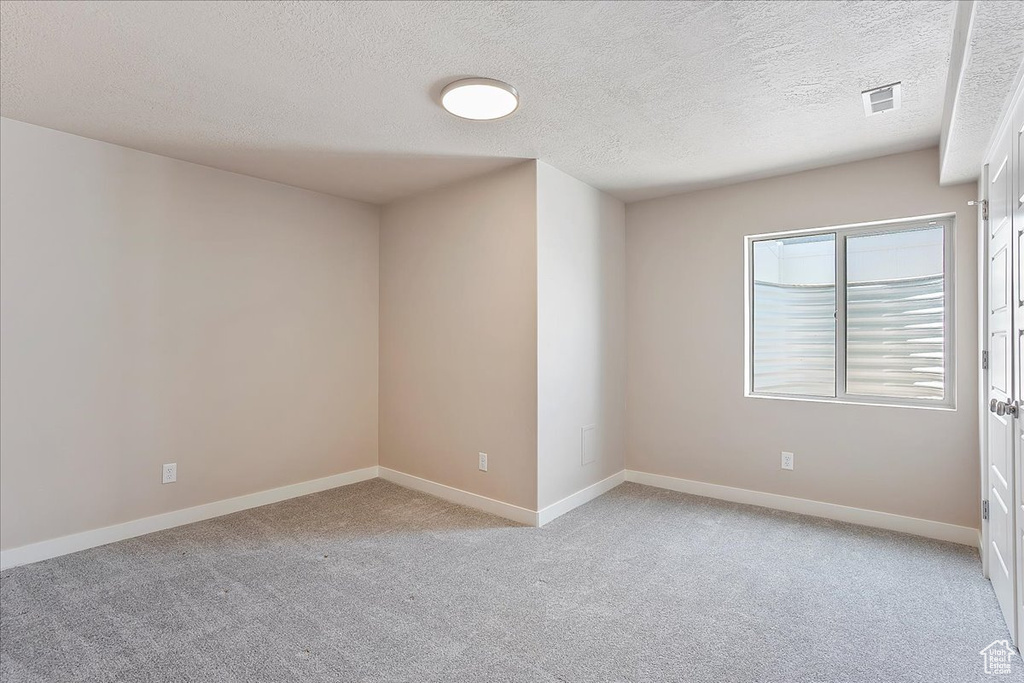 Unfurnished room with light colored carpet and a textured ceiling