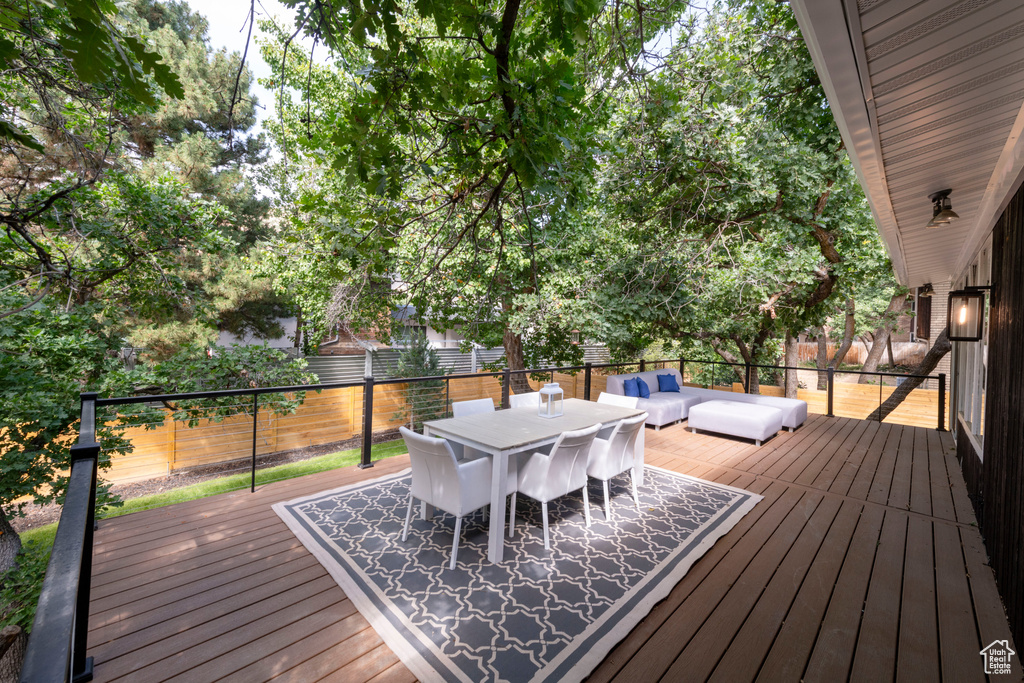 Deck featuring a fenced backyard and outdoor dining area