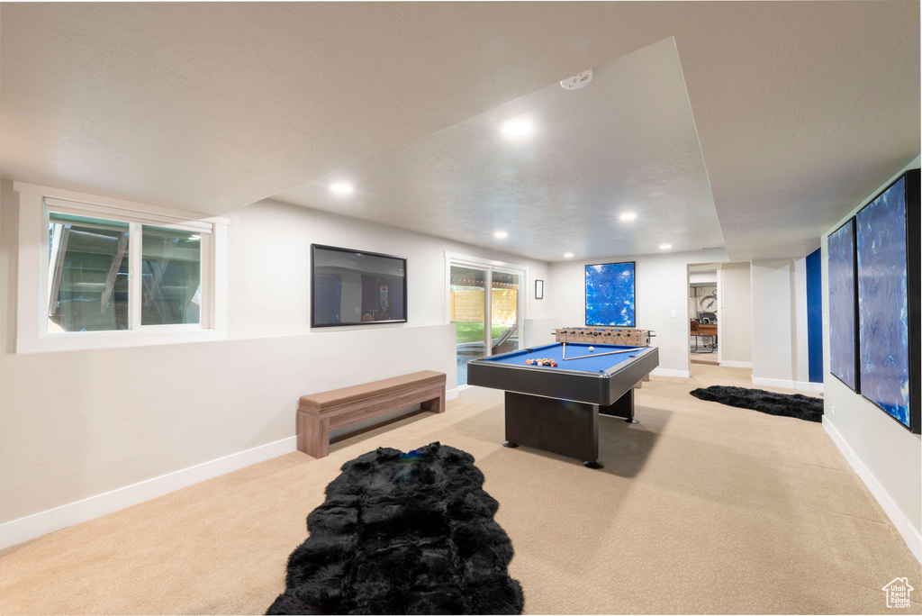 Game room with billiards table, light carpet, and recessed lighting