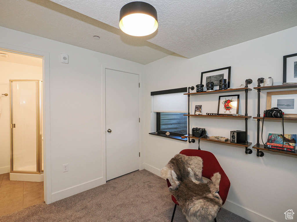 Sitting room with a textured ceiling and light colored carpet