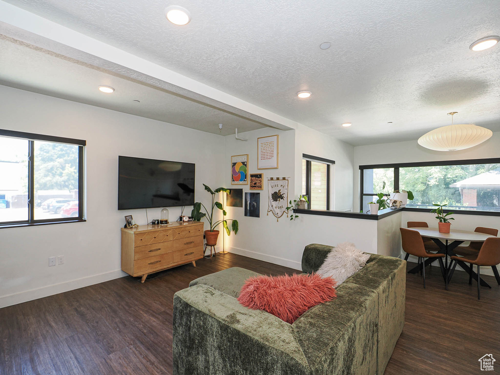 Living room with wood finished floors, a textured ceiling, and recessed lighting