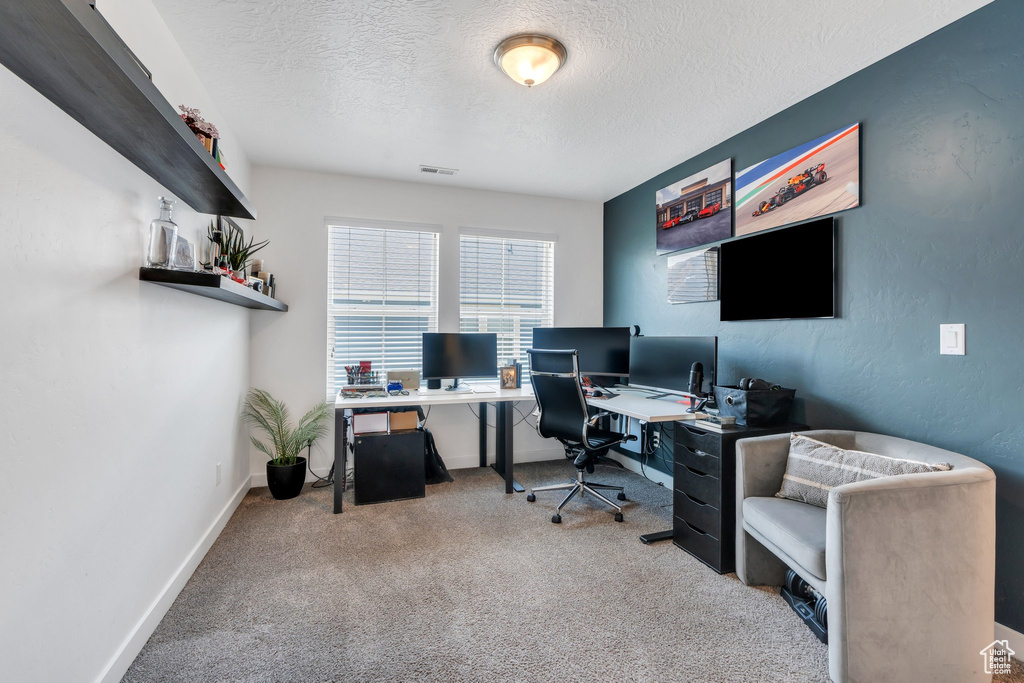 Office area featuring a textured ceiling and carpet floors