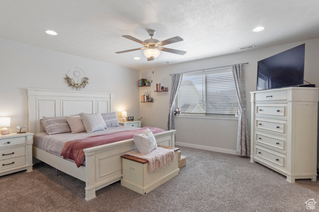 Bedroom featuring carpet floors, recessed lighting, and ceiling fan