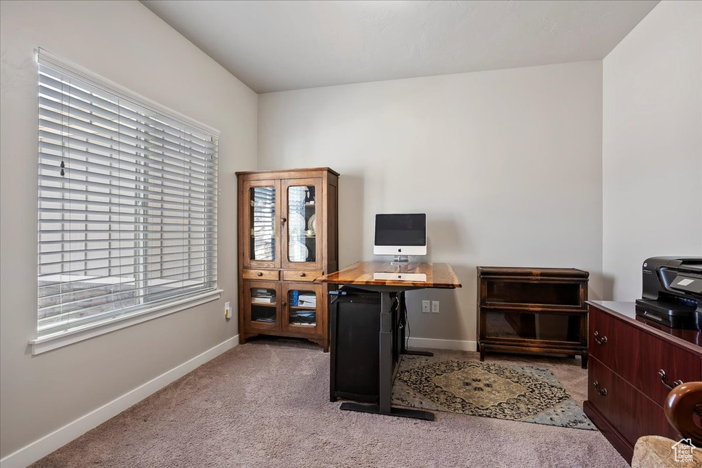 Home office featuring light colored carpet and plenty of natural light