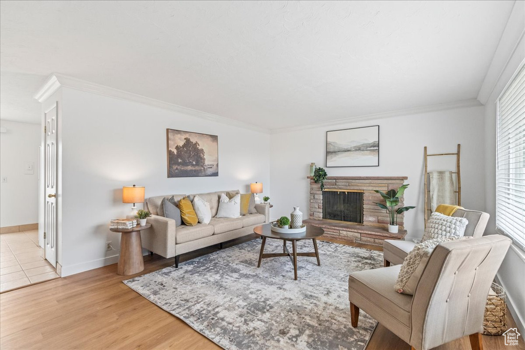 Living area with ornamental molding, a fireplace, and light wood-style flooring