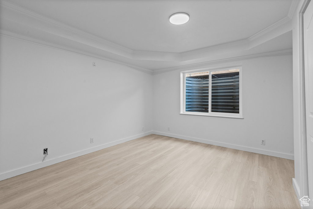 Spare room featuring crown molding, light wood-style floors, and a raised ceiling