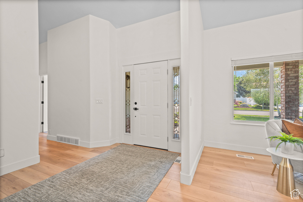 Foyer featuring plenty of natural light and light wood-type flooring